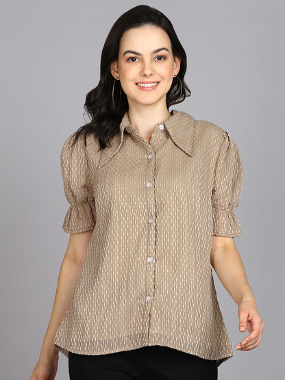 Beige Spread Collar Shirt with Short Sleeves