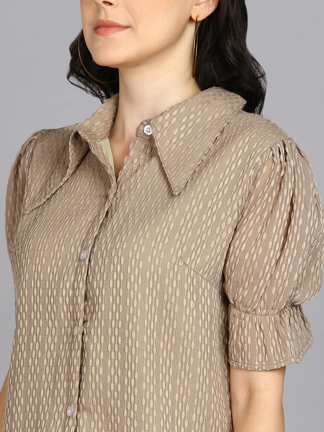 Beige Spread Collar Shirt with Short Sleeves
