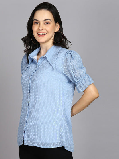 Casual Regular Sleeves Self Design Women Sky Blue Top