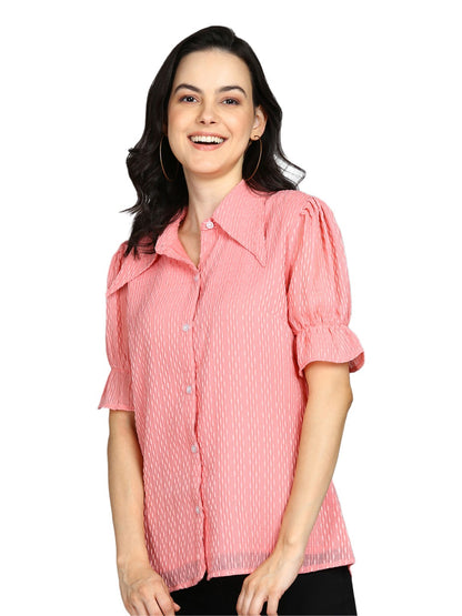 Casual Regular Sleeves Self Design Women Pink Top