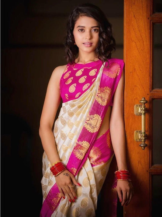 Kanjivaram Soft Lichi Silk Traditional Saree With Rich Pallu & Weaving Border With Unstitched Jacquard Women Blouse Piece
