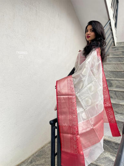 Festive Wear Soft Silk White Jacquard Weaving Saree