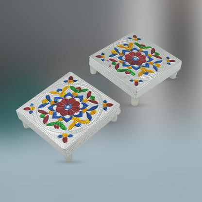 Handicraft Meenakari Wooden Chowki Puja Bajot For Home & Office Decor for Puja Multicolour (2 Pc Set)